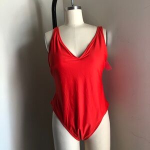UNCOMMON SENSE STRAPPY BACK GOLD HARDWARE ONE PIECE ORANGE RED SWIMSUIT XL